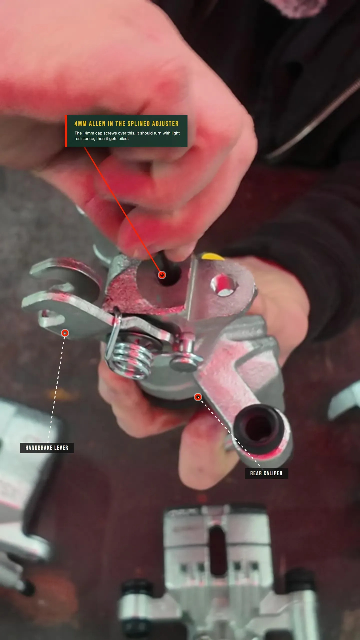 Annotated photo: a 4mm Allen key in the splined parking-brake adjuster on an MX-5 rear caliper, with the handbrake lever labelled