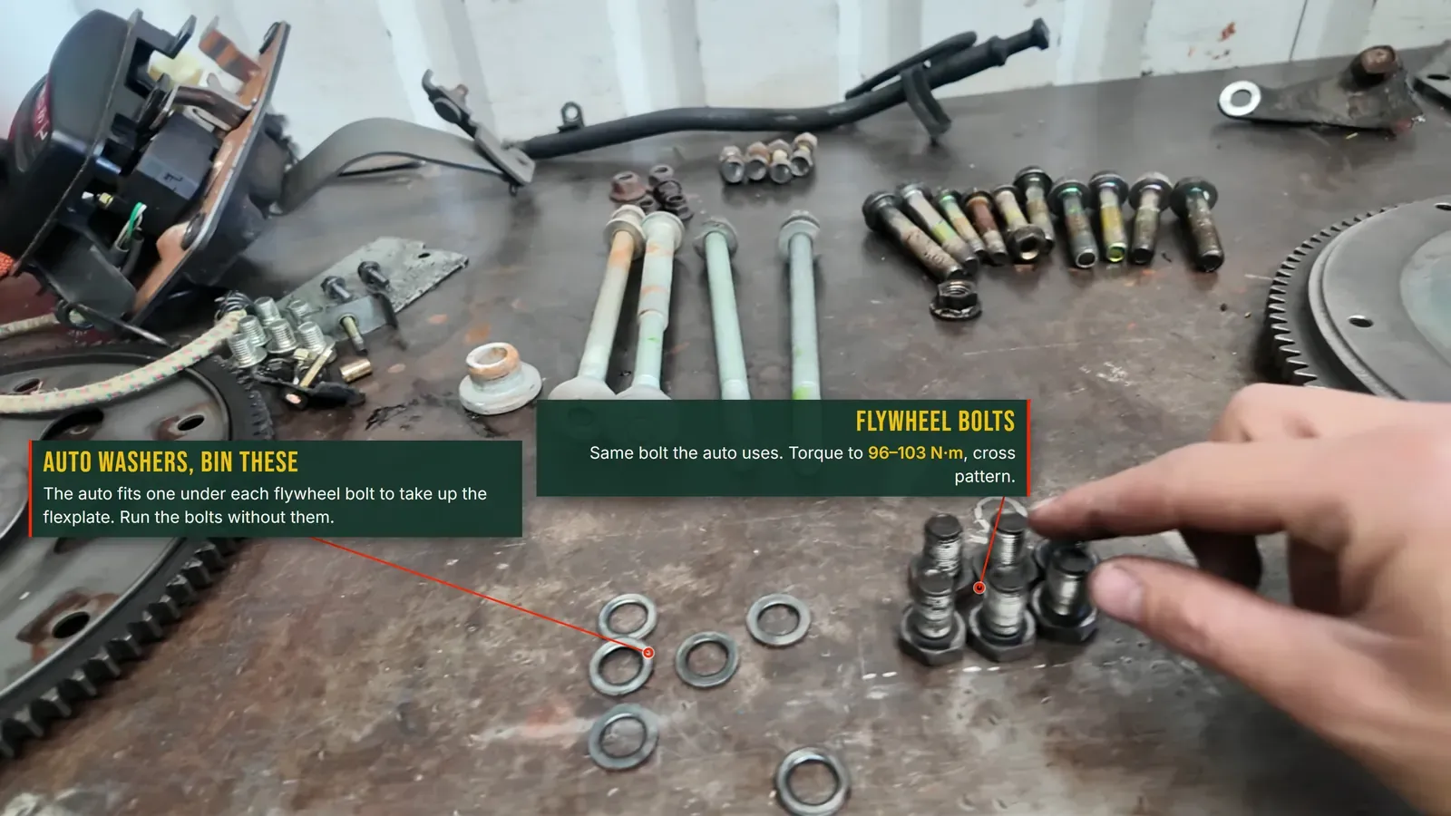 Annotated photo: the flywheel bolts (96 to 103 N·m) and the auto washers that get binned