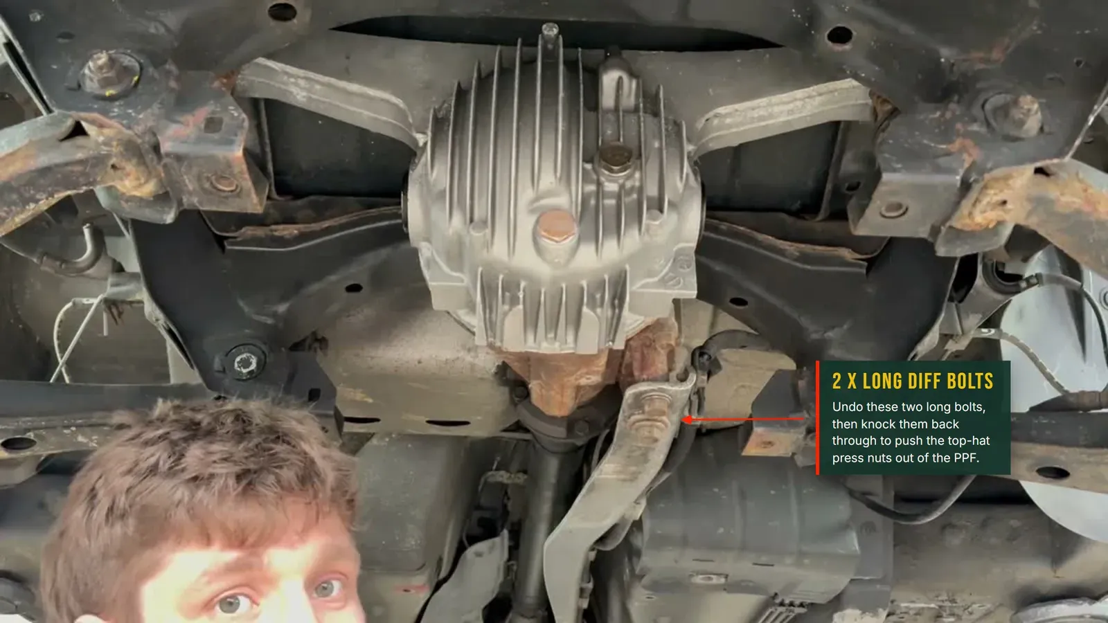 Annotated photo of the two long PPF bolts at the diff end