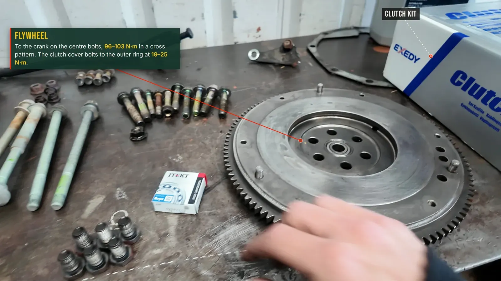 Annotated photo: the cleaned flywheel (centre bolts to the crank 96 to 103 N·m, clutch cover to the outer ring 19 to 25 N·m) and the new clutch kit
