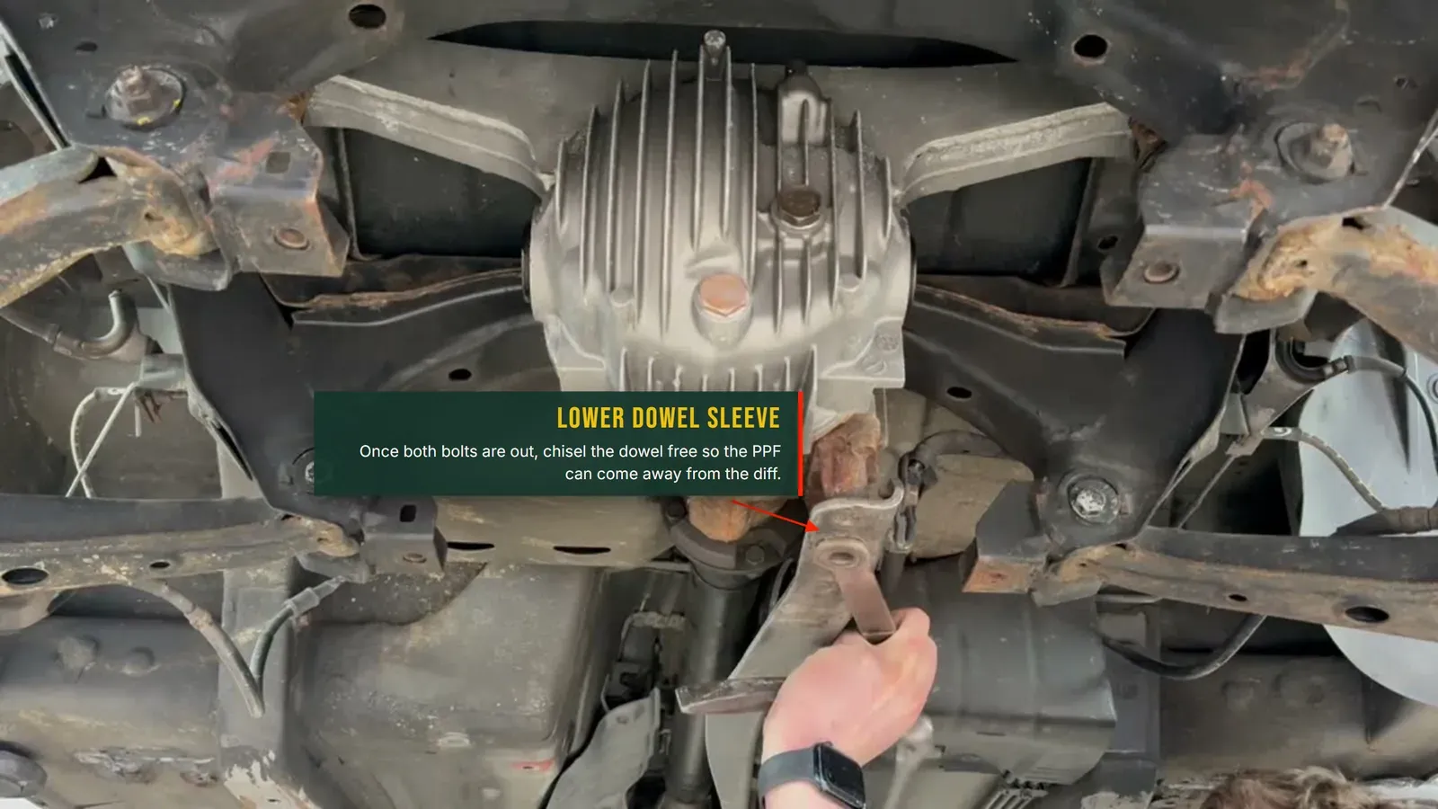 Annotated photo of the lower dowel sleeve locating the PPF to the diff