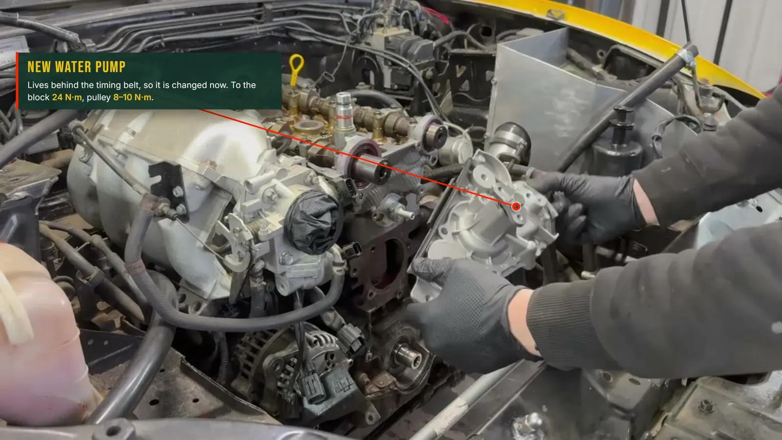 Annotated photo: the new MX-5 water pump, which bolts to the block at 20 N·m with its pulley at 8 to 10 N·m