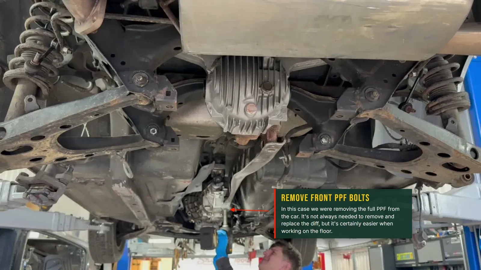 Annotated photo of the front PPF mounting bolts