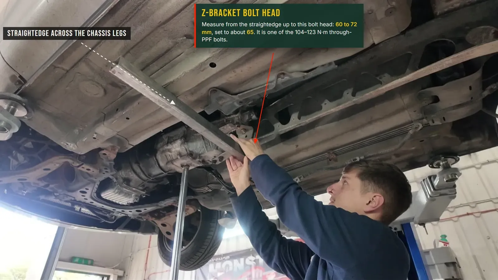 Annotated photo: a straightedge laid across the chassis legs under the car, measuring up to the Z-bracket bolt head to set the PPF alignment