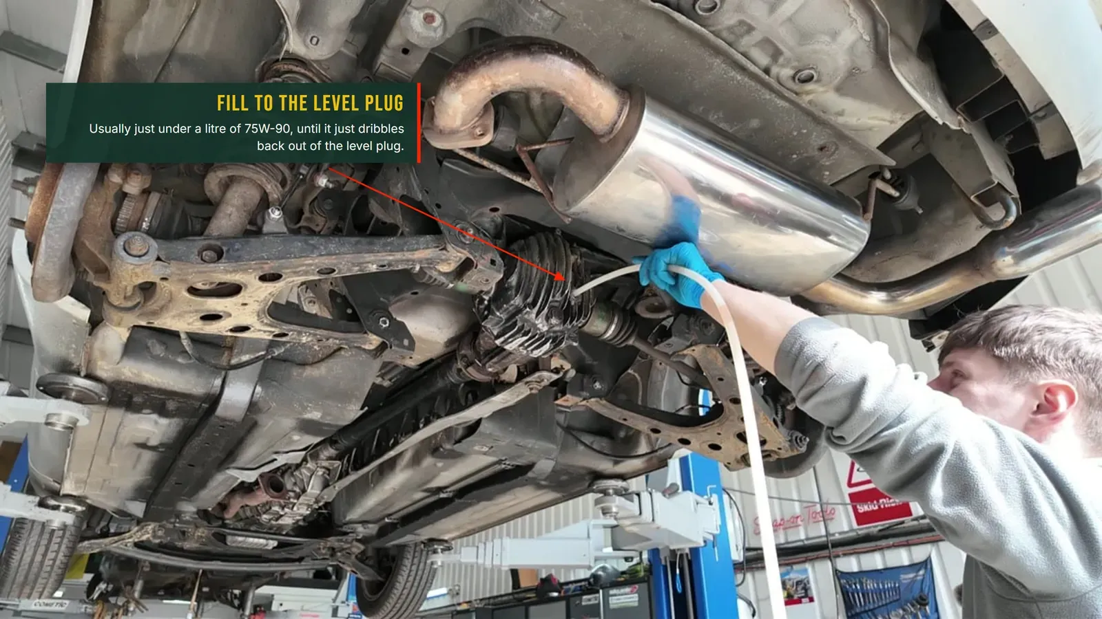 Annotated photo: filling the MX-5 diff with 75W-90 gear oil through a tube to the fill/level plug
