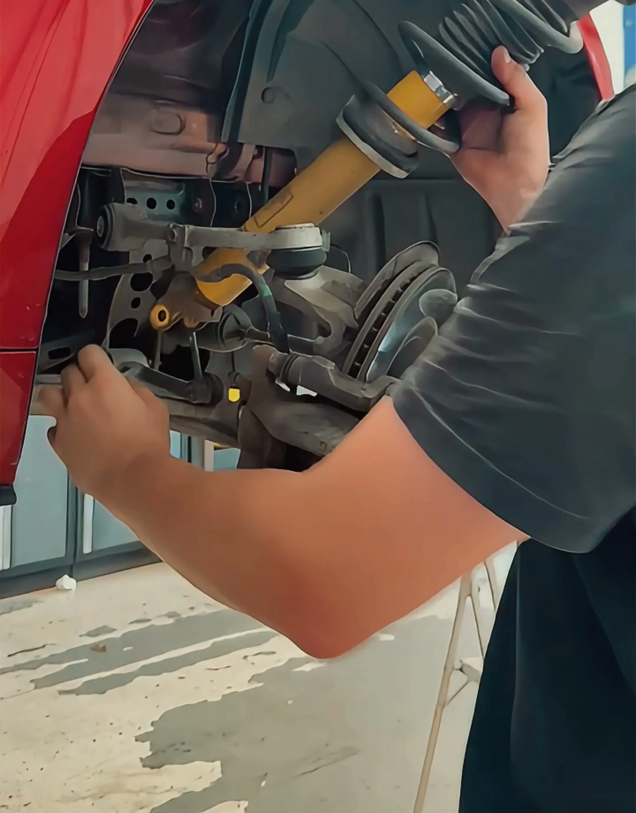 The hub leant forward and the original yellow damper coming out through the front arch