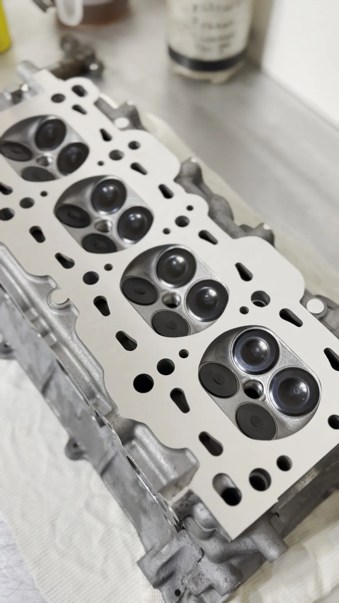 The refurbished cylinder head off the engine, combustion chambers cleaned and valves re seated