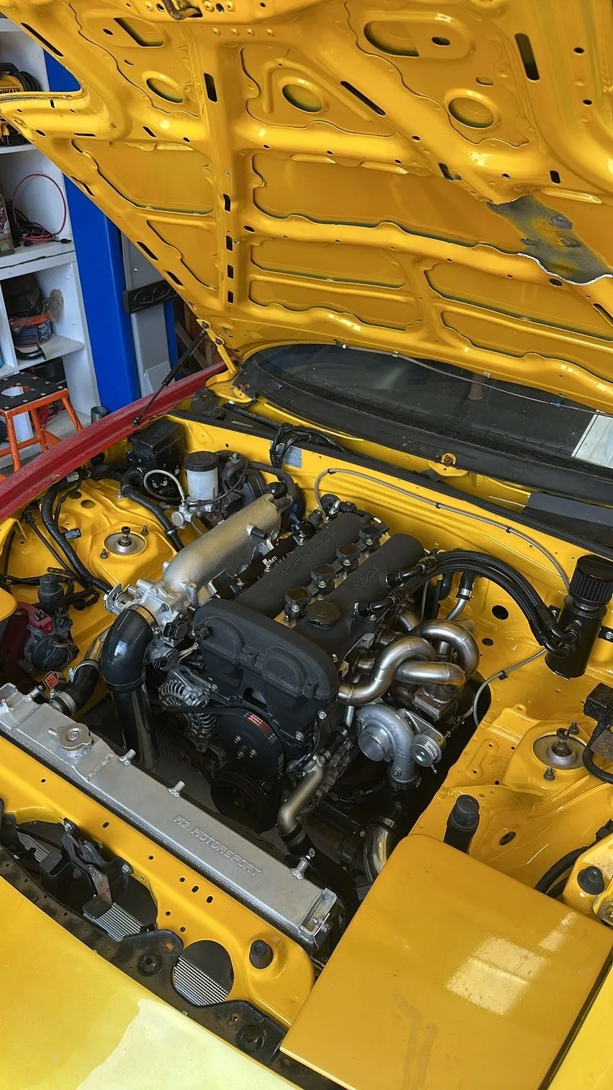 Turbocharged Mazda MX-5 engine bay, finished and detailed under the bonnet