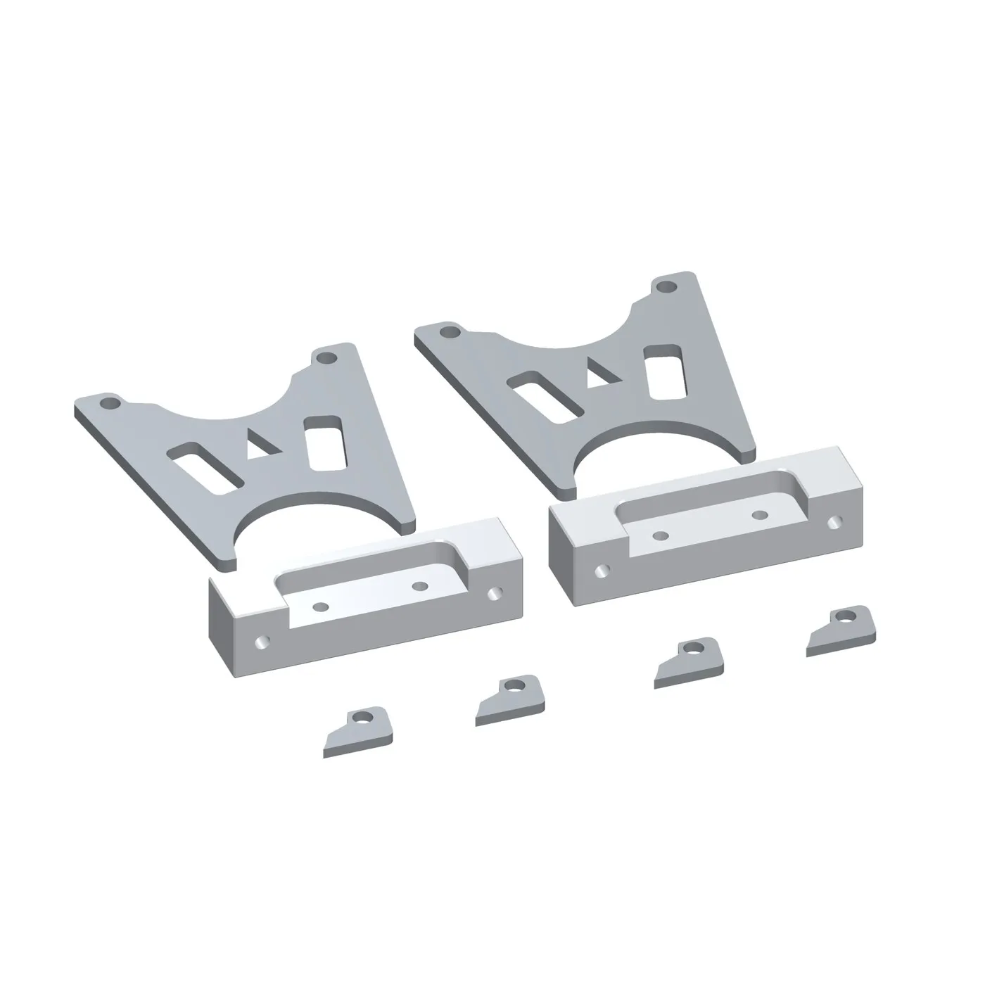 The kit laid out: two steel handbrake brackets, two machined aluminium caliper blocks and four steel spacers