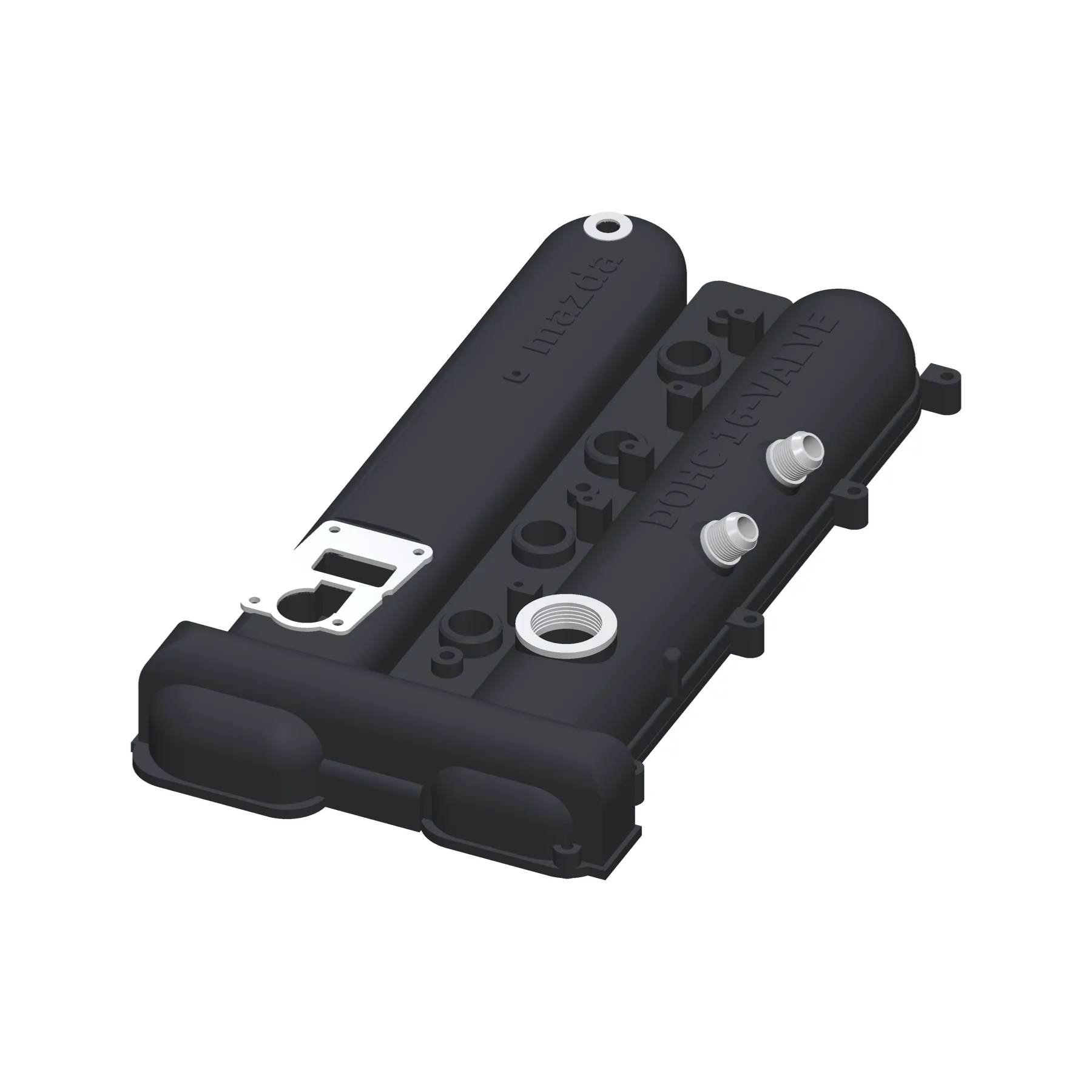 A render of the FOJI baffled rocker cover in black, the two AN10 fittings on the side and the machined filler neck ring
