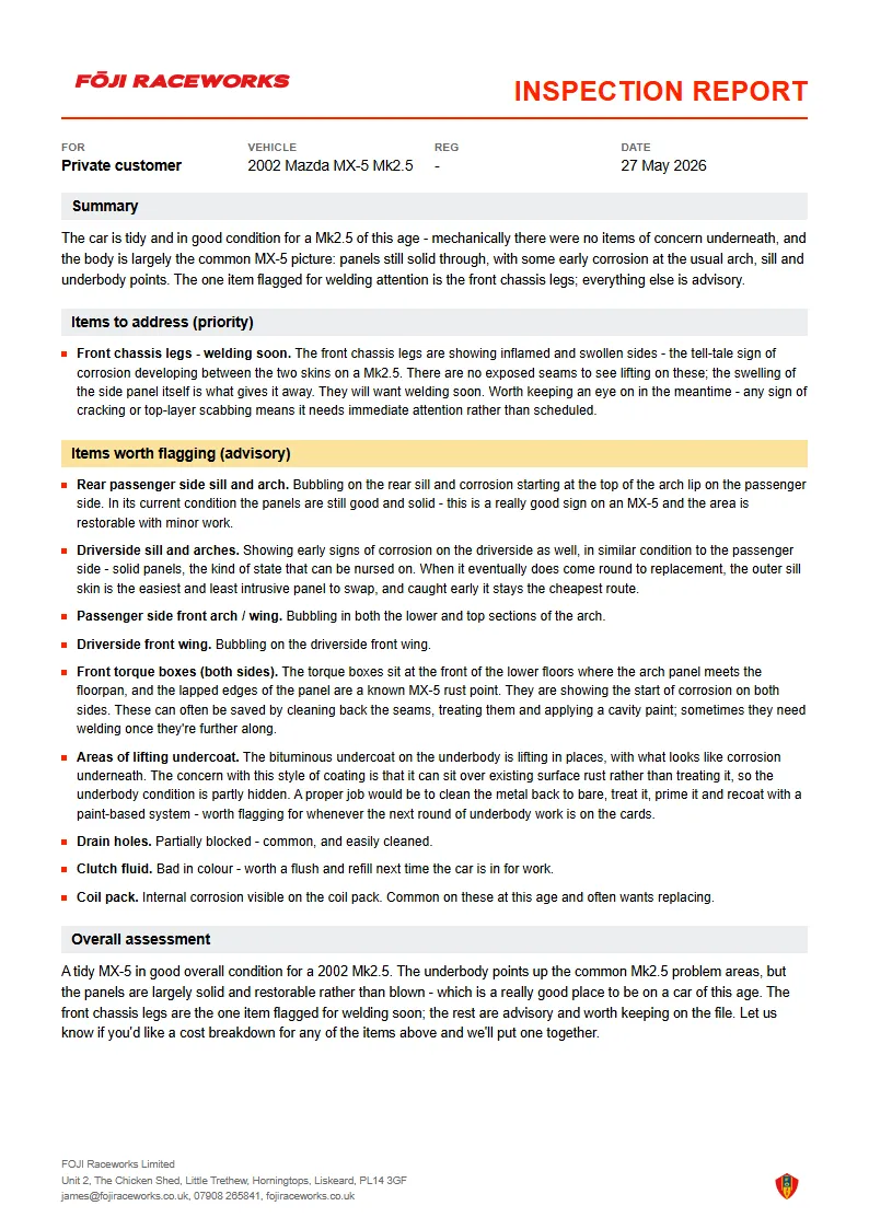 A FOJI Raceworks written report, the document a job starts from