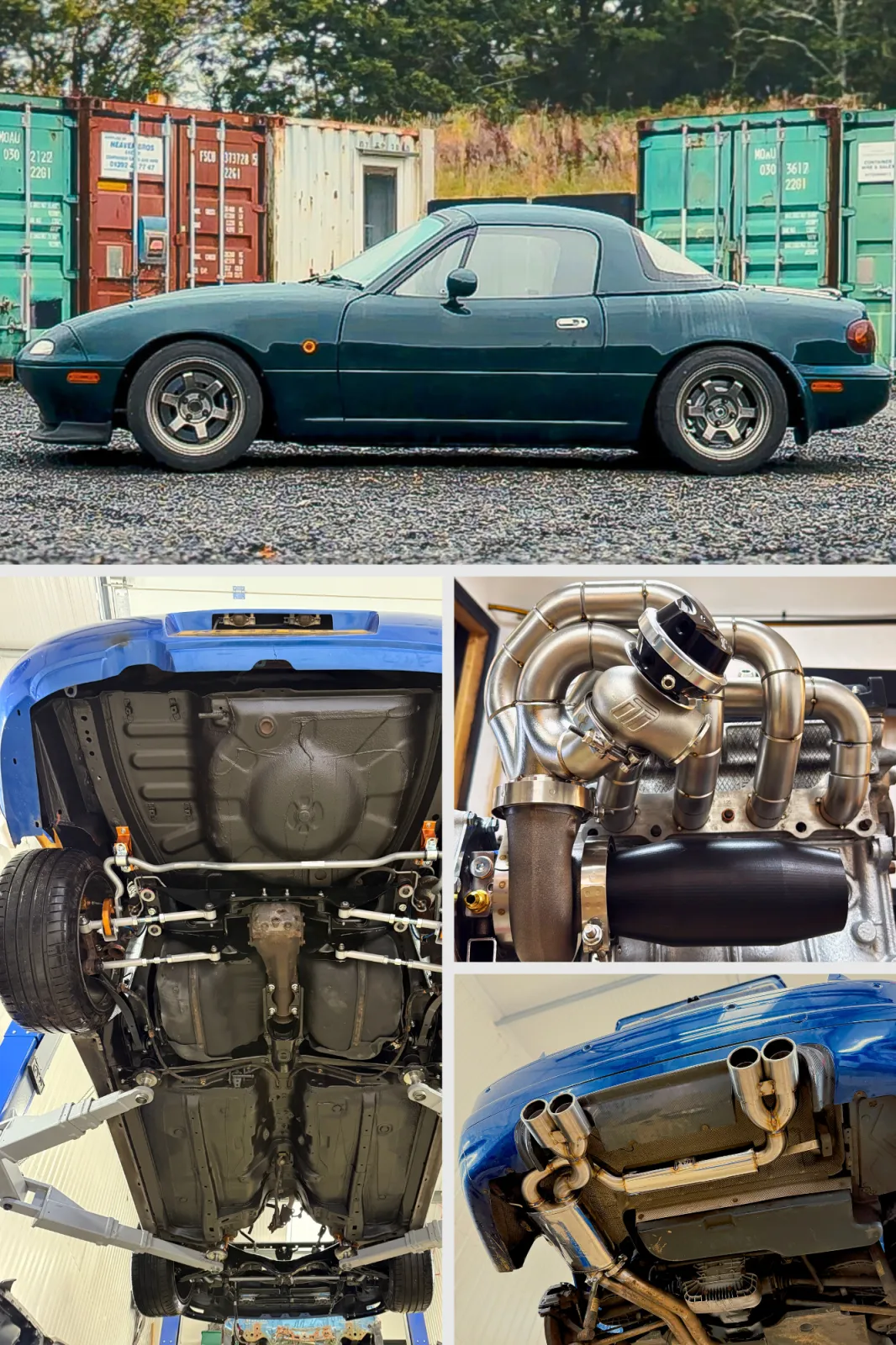 A collage of FOJI Raceworks work: a restored MK1 MX-5, a bespoke 1.6 turbo manifold, a Subaru Impreza underbody restoration, and a BMW M3 exhaust system
