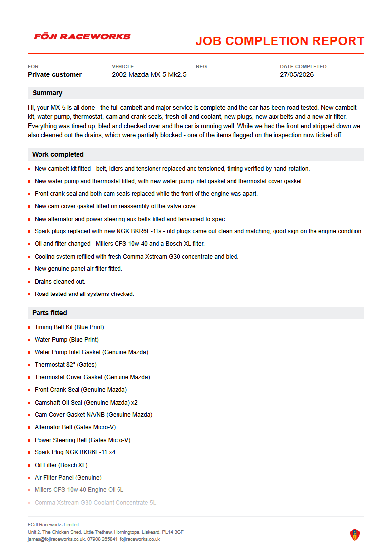 A FOJI Raceworks job completion report, owner details removed